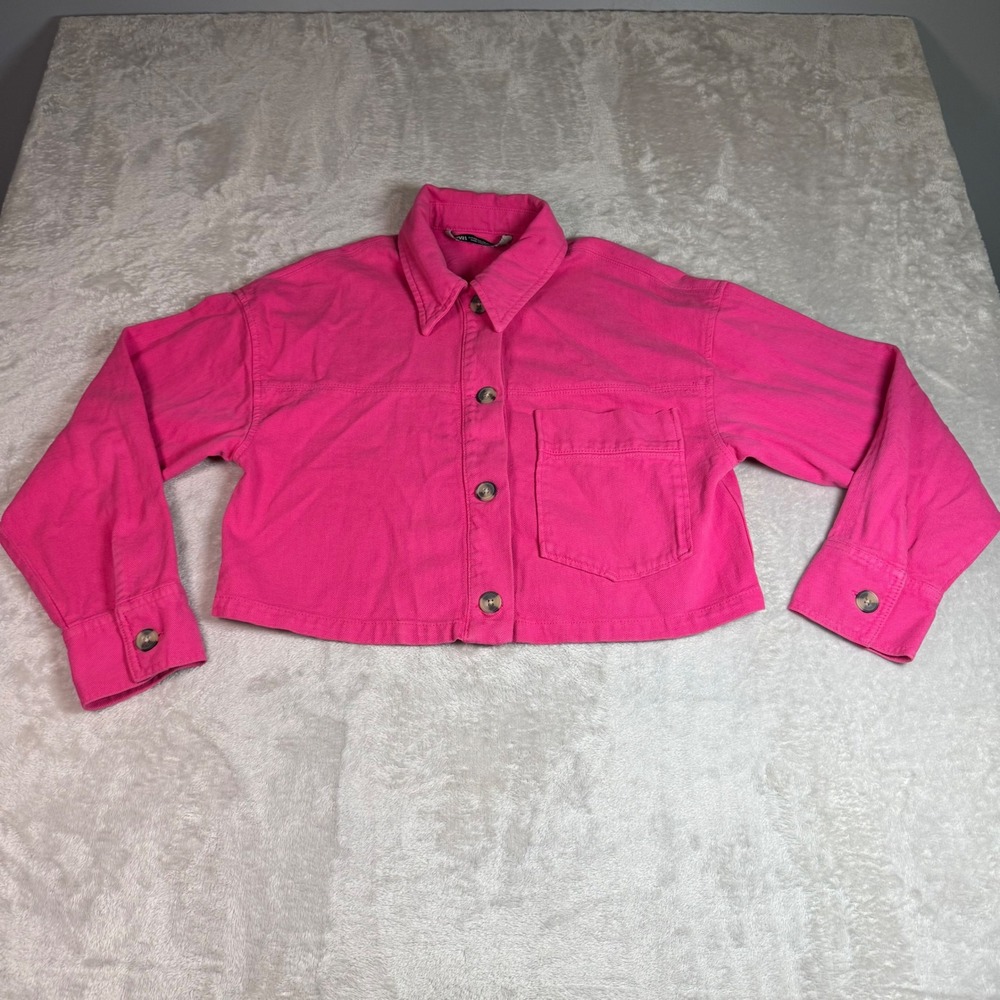 Zara Womens Long Sleeve Hot Pink Cropped Denim Button Front Jacket XS